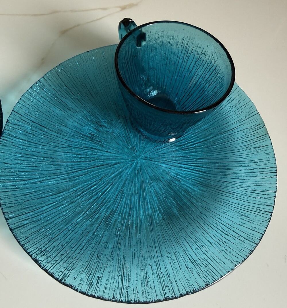 Vintage MCM Anchor Hocking Rain Flower Aqua Teal Glass Snack Plate & Cup Set (2)